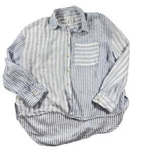 Nicole Miller Women's M Linen‎ Striped Button Up Shirt Blue White Casual Top